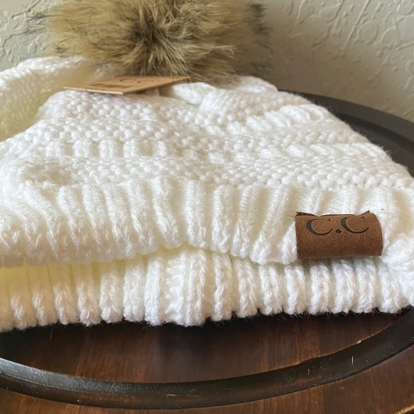 C.C: Cream Knit Beanie Stocking Hat- Tan Pom Pom- Adult - Picture 9 of 15